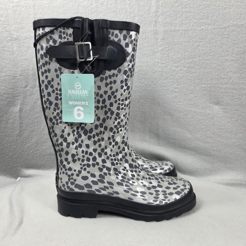 Magellan Outdoors Womens Gray Leopard Print Waterproof Rain Boots Size 6 168975